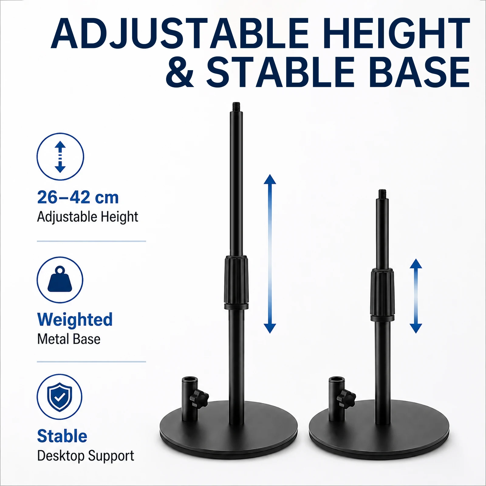2-in-1 Adjustable Desktop Microphone Stand with Mic Clip and Screw, Weighted Base