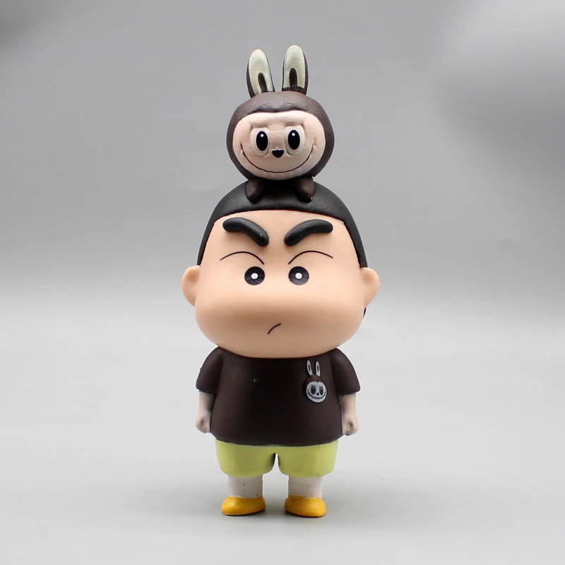 14cm Cartoon Gk Crayon Shin Chan Lying On Top Of His Head With Labubu  Kawaii Desktop Decorations Model Doll Children Toys Gifts