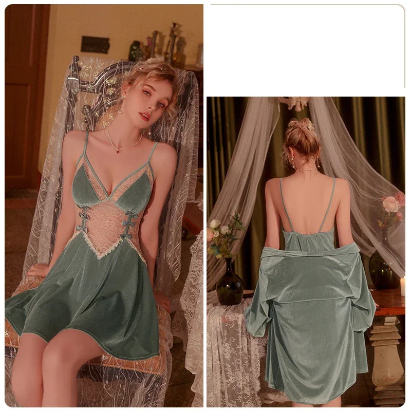 French Velvet Lace Sexy Pure Nightdress Robe with Chest Cushion Lace up Robe Princess Victorian Fairy Sleepwear Home Fury Set