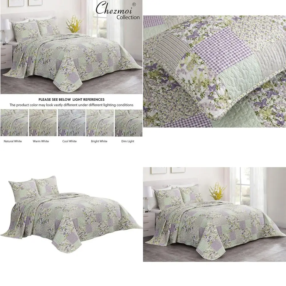 

Purple Butterfly & Botanical Striped Reversible Quilt Set - Pre-Washed Microfiber, Lightweight Oversized King