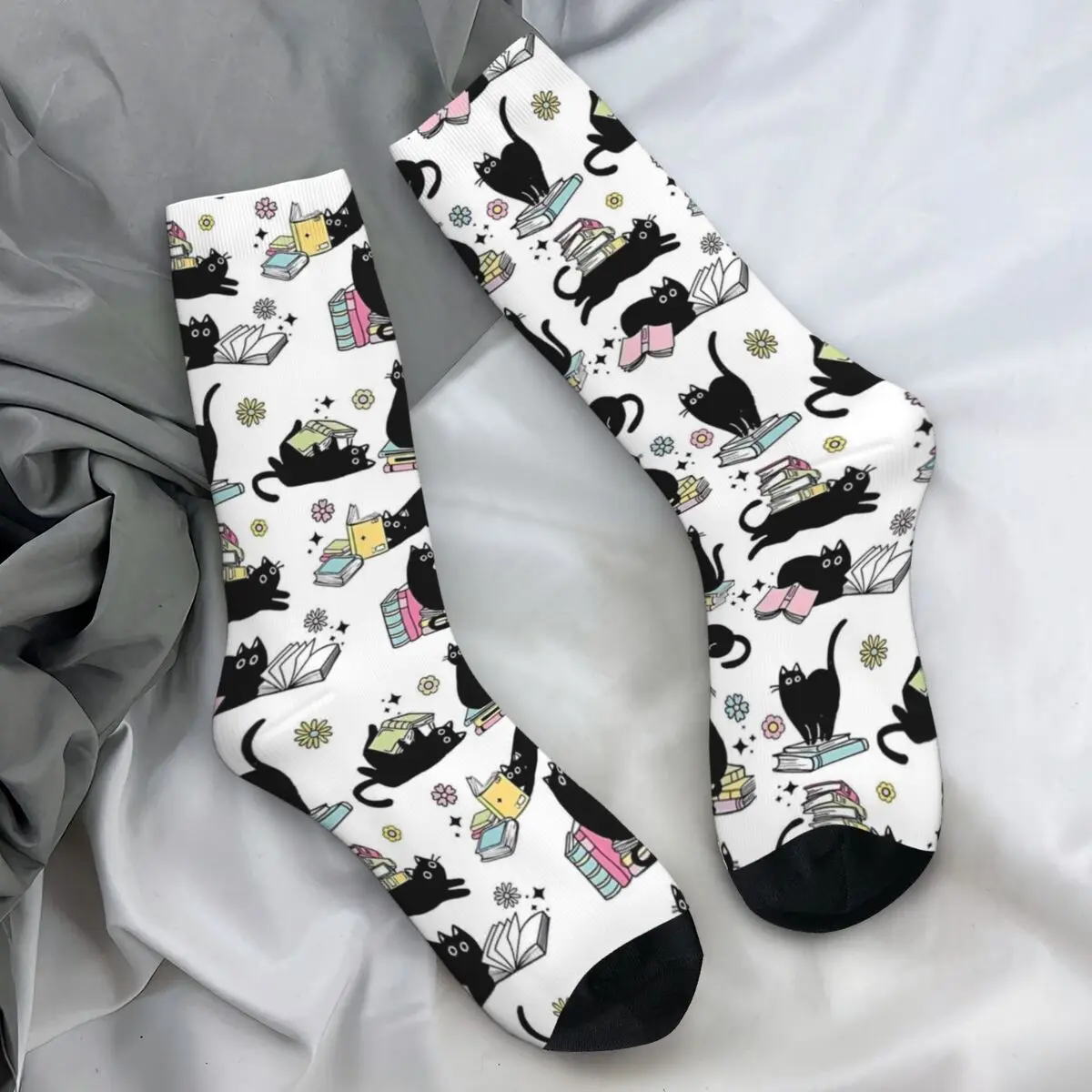 Library Cat Socks Autumn Black Cats and Books Stockings Gothic Couple High Quality Socks Design Cycling Anti Skid Socks