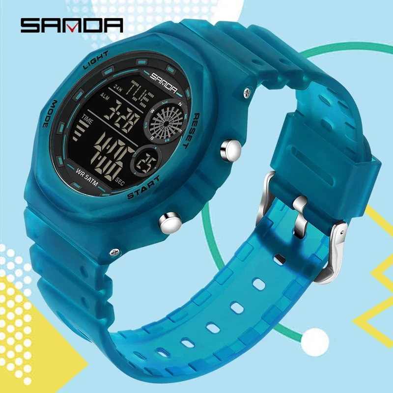SANDA Fashion الساعات الرقمية الرياضية LED ساعات المعصم متعددة الوظائف مضيئة 50 متر مقاوم للماء تاريخ الأسبوع طالب ساعة إلكترونية