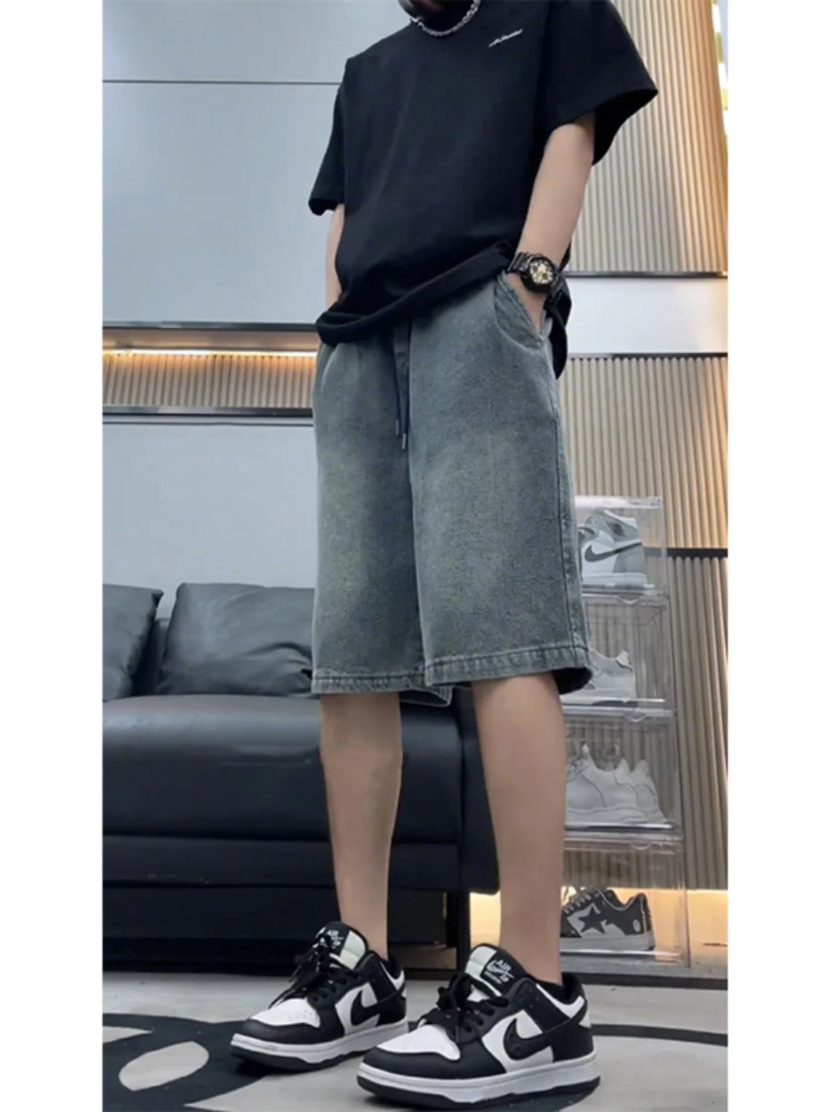 

Летние молодежные джинсовые шорты прямого кроя для мужчин в американском стиле High Street, укороченные брюки до колена, крутые летние брюки для подростков