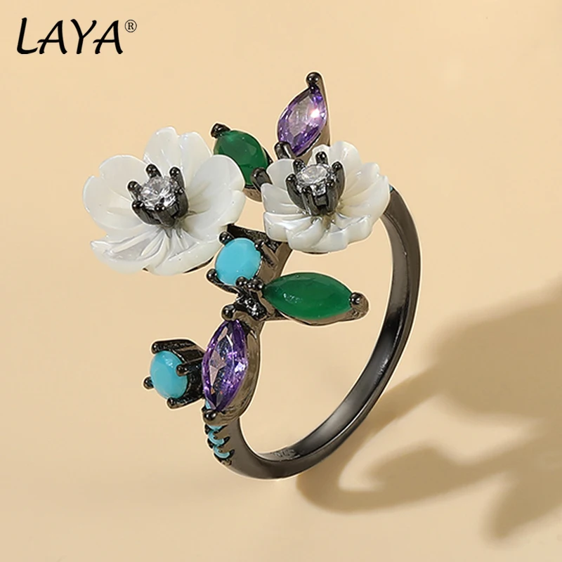 LAYA New Exquisite Yellow Shell Flower Shining Zircon Ring For Women Thumb Rings ladies Finger 925 Sterling Silver Fine Jewelry