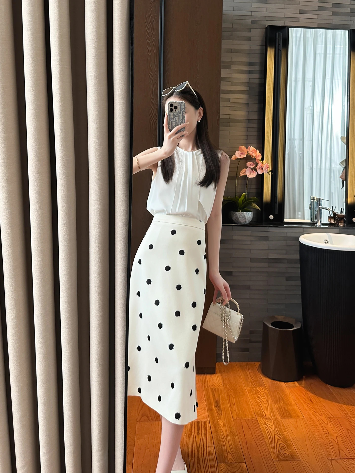 

YOU SEE Fre Summer Polka Dot A-Line Skirt Ele High Waist Print Splice Ladies' Skirt Ba Zipper Loose Fit