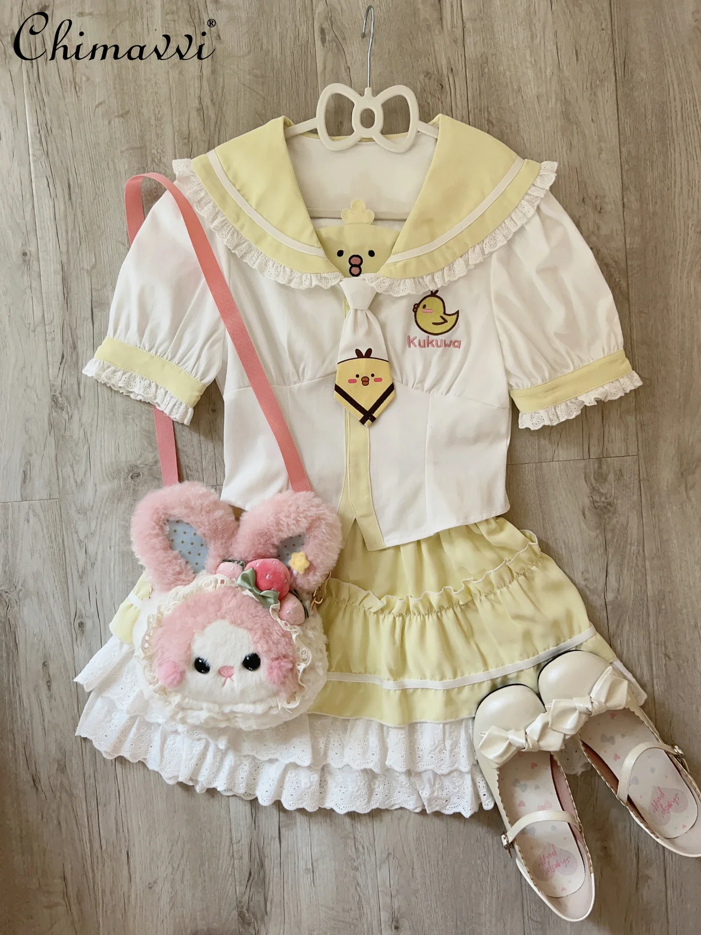 Sweet Girls JK Uniform Sailor Collar Cute Chick Embroidered Short Sleeve Shirt Mini Cake Skirt 2 Piece Summer Students Outfits