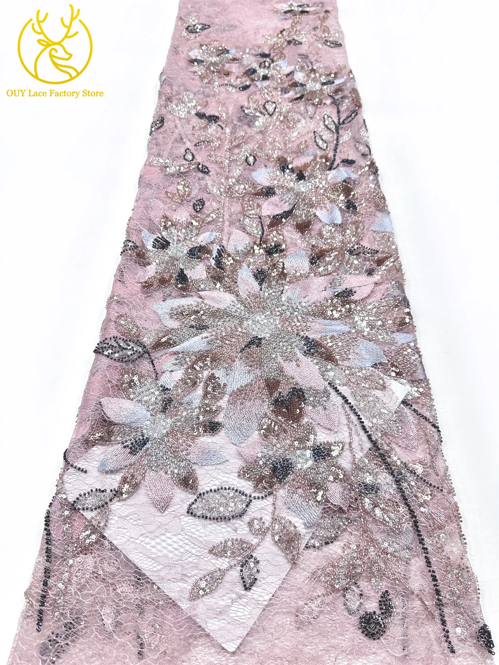 3D-Stickerei-Blattapplikation mit Pailletten, Röhrenperlen und Spitze, hochwertiger französischer Tüllspitzenstoff für Hochzeitskleider, Brautkleider und Partykleider zum Nähen. – Detail 12