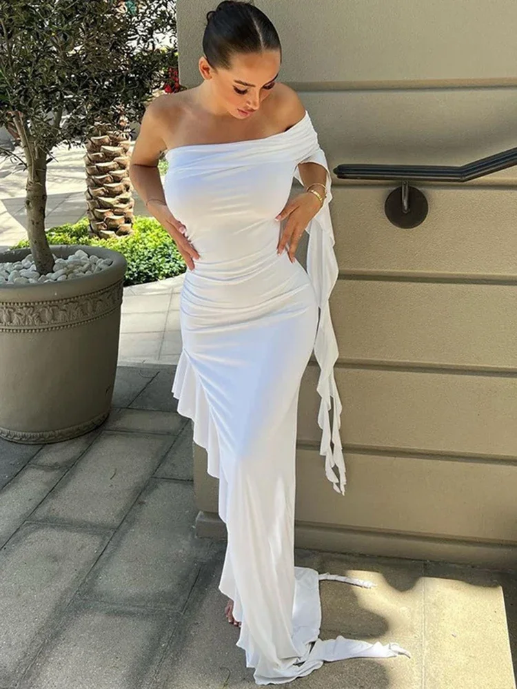 BWQ One Shoulder Ruffle Maxi Dress Irrigrual Party Long Dress Evening Birthday Clothes Elegant Outfits 2023 Summer