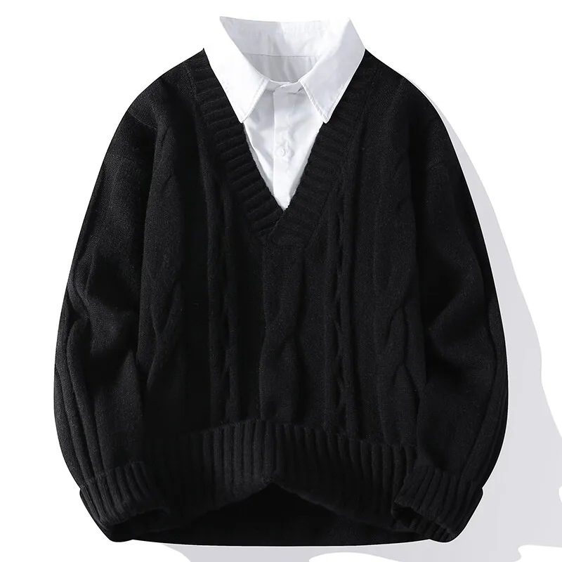 بلوفرات متماسكة مكونة من قطعتين سترة محبوكة غير رسمية للرجال موضة الخريف والشتاء نمط Preppy برقبة على شكل حرف v سترة تريكو متينة