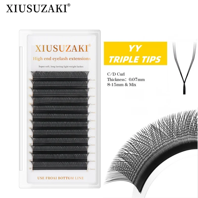 XIUSUZAKI YY Şekli Kirpik Uzantıları Kahverengi Siyah Çift Üçlü İpuçları Kirpik Uzatma Yumuşak Premade Hacim Fan Kirpik Uzatma