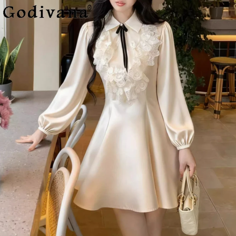 

Large Size Girl French Lace-Up Splicing Elegant Princess Dresses Age Reducing Long Sleeve Temperament High Waist Elegant Dress