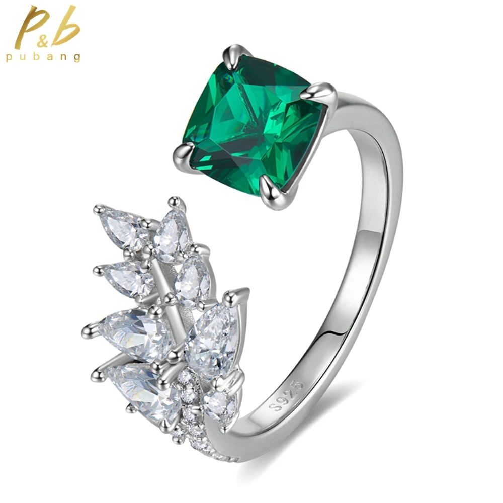 

PuBang Fine Jewelry 925 Sterling Silver Green Sapphire Created Moissanite Diamond Open Ring for Women Wedding Gift Drop Shipping