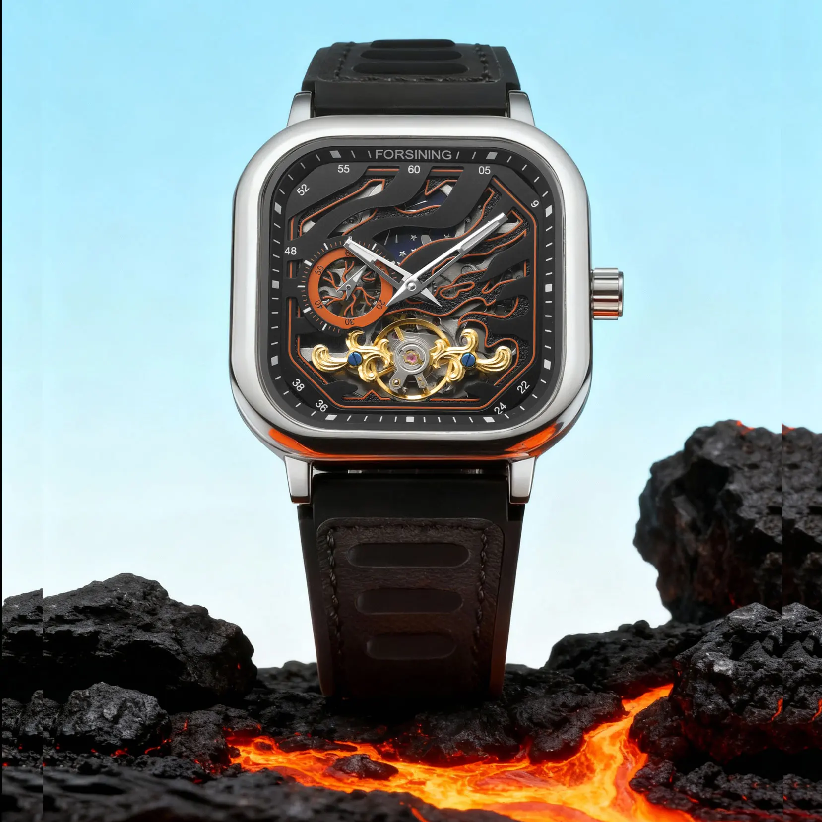 

FORSINING Роскошные квадратные мужские часы из нержавеющей стали, механические часы со скелетом, автоматический механизм, водонепроницаемая силиконовая кожа