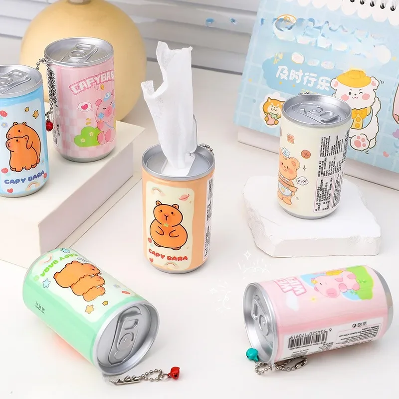 Portable Canned Wet Wipes for Children Cleaning Cloths with Creative Cartoon Chain Cute Small Bell Barreled Cans 30 Sheets