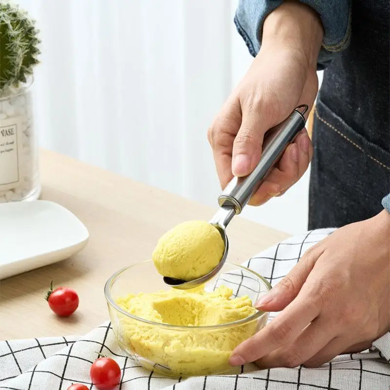 New Stainless Steel Ice Cream Scoop Long Handle Rust Proof Surface Perfect For Home Kitchen Dessert And Fruit Scooping