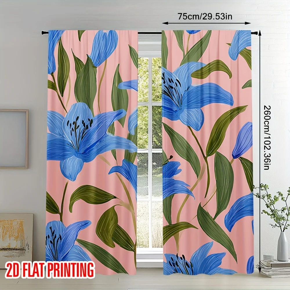 Blue lily flower pattern curtains, pole-mounted installation. Suitable for living rooms, bedrooms, dining rooms and hotels.