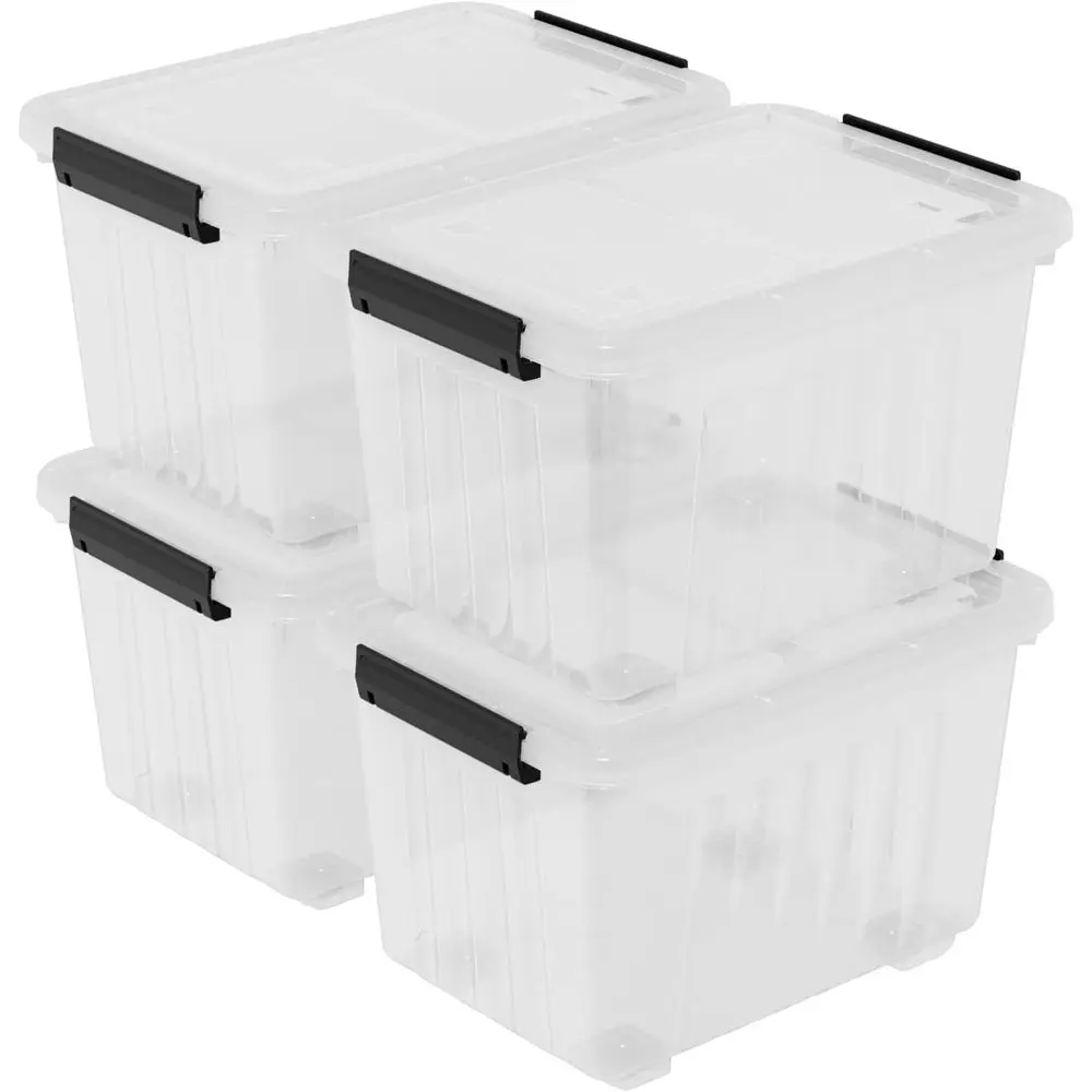 

30-Liter Clear Stackable Storage Bins with Lids, Plastic Organizer Boxes with Secure Fitting Lids and Wheels, Set of 4