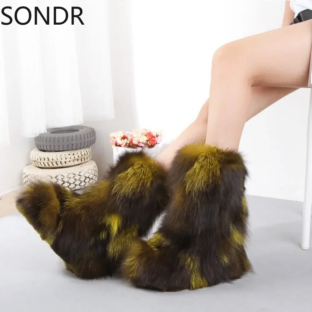 Womens Round Toe Mid Calf Boots Real Arctic Fox Fur Furry Hidden Heel Warm Winter Snow Shoes Thick Match Colors