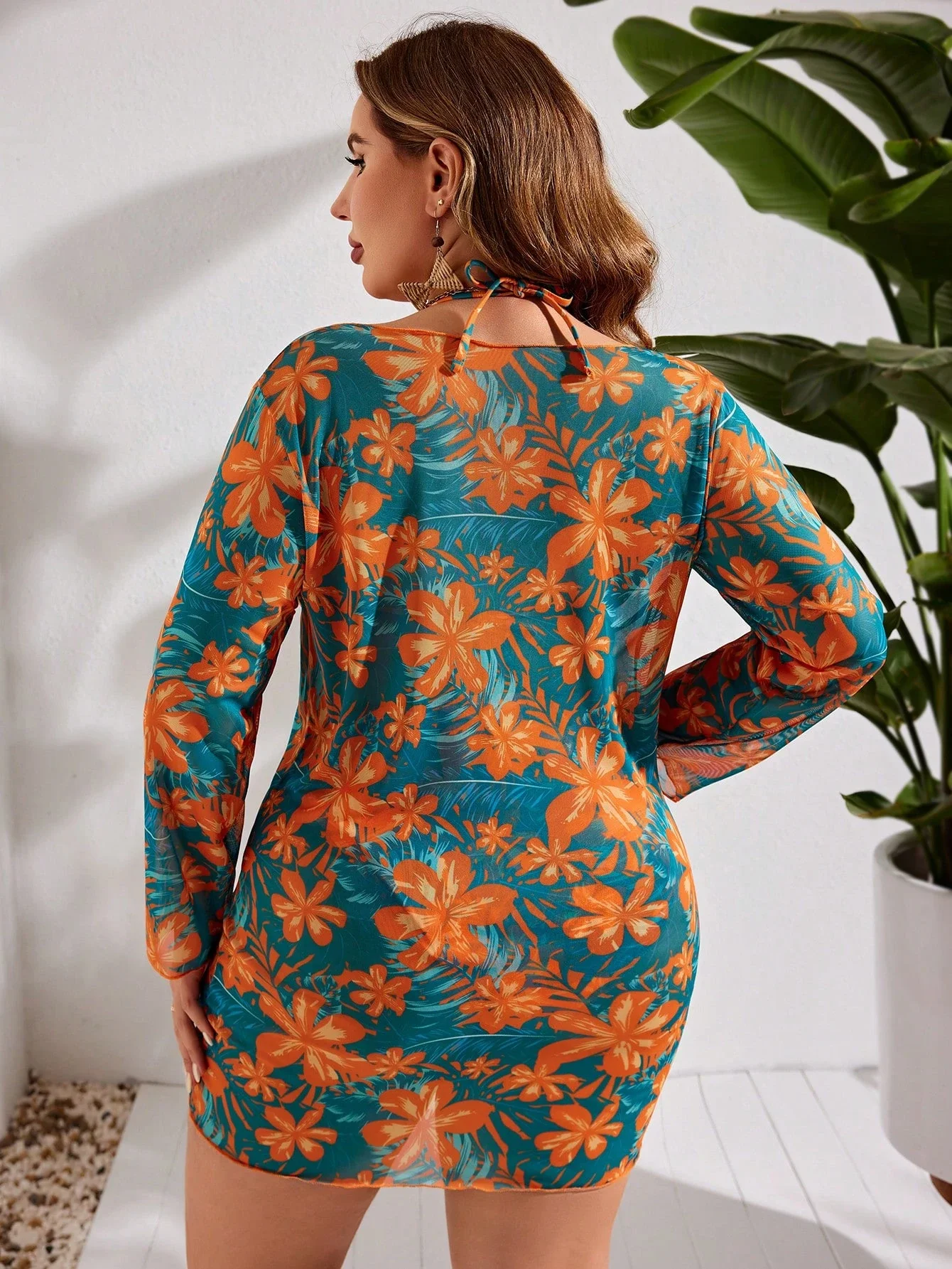 

Summer Beach Floral Print Halter Neck Bikini Set With Cover Up