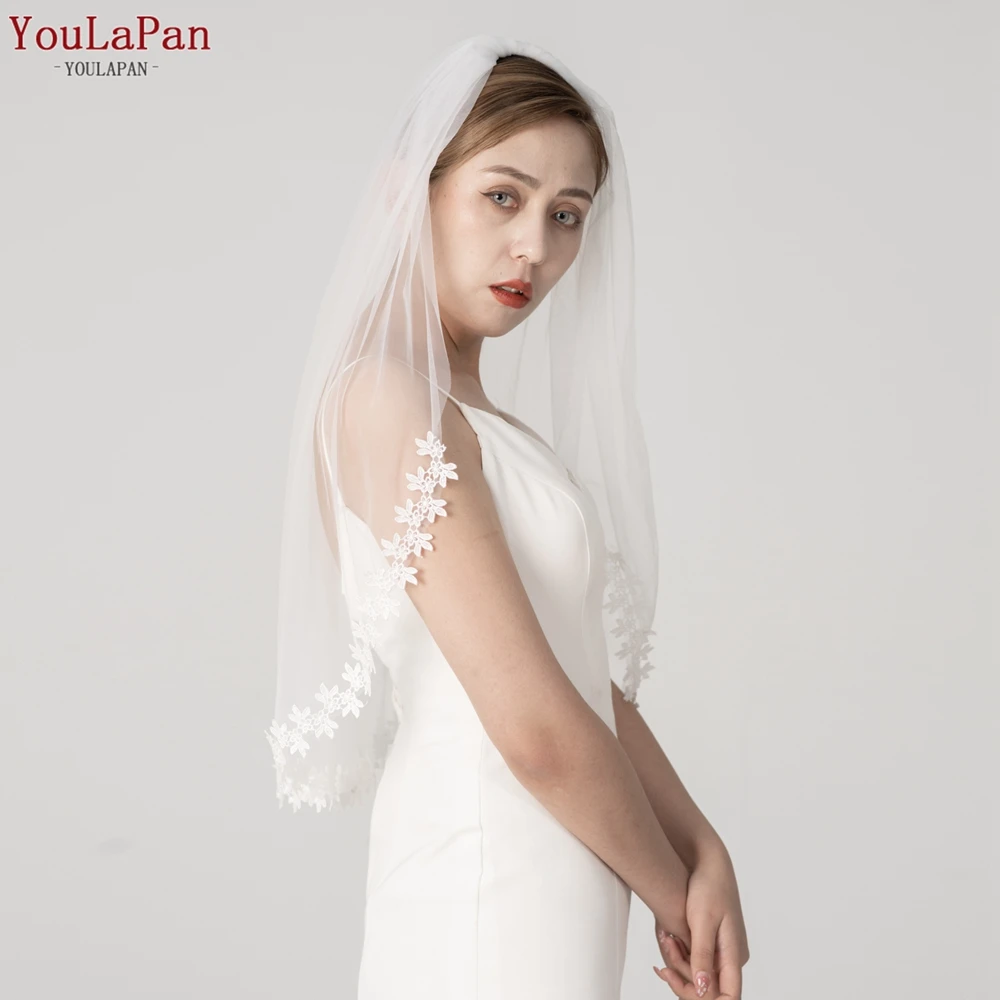 Youlapan V53 Wedding Veil with Lace Flowers Elbow Length Bridal Veil with Hair Comb Soft Single Tier Bridal Veil Thin Scallop