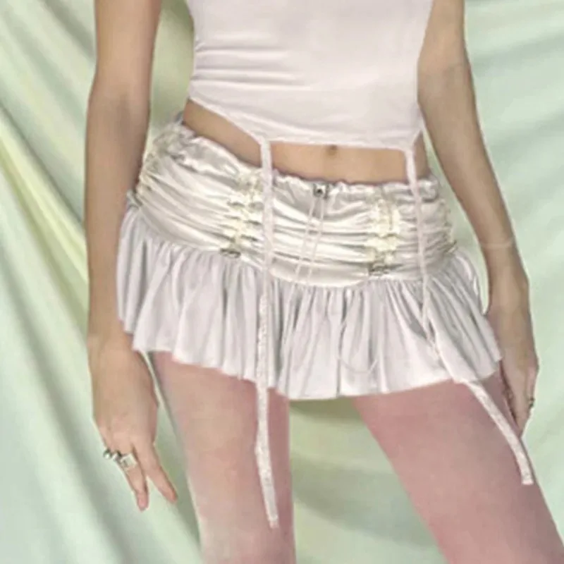 2024 new Korean all-matching low-waist pleated skirt Y2K drawstring folding low-waist mini skirt white high-quality clothing