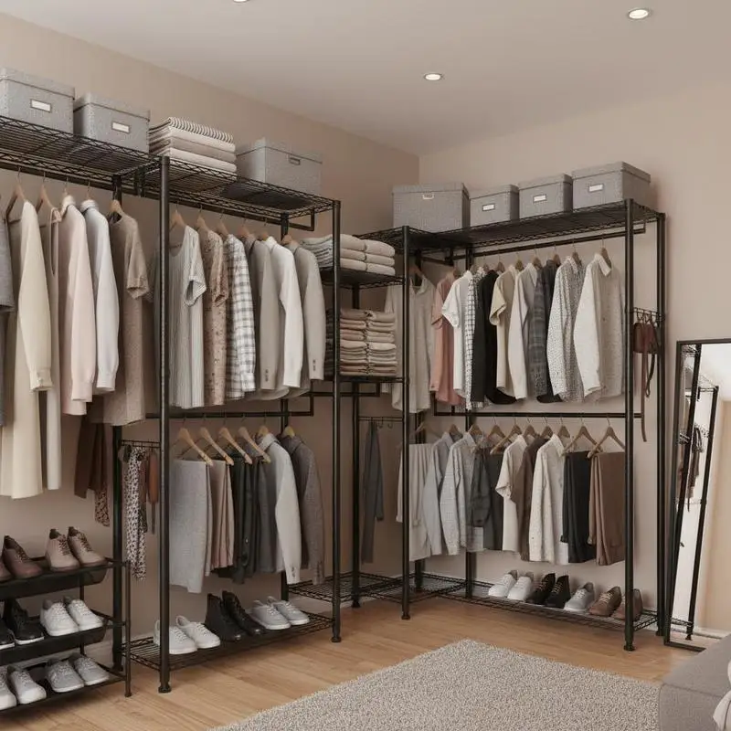 Kleiderständer (verstellbar) mit 4 Kleiderstangen, 385,5 kg Tragkraft, 7 Ablagen und 8 Haken; offener Kleiderschrank für Schlafzimmer, Bekleidungsgeschäft, Garderobe oder Flur.