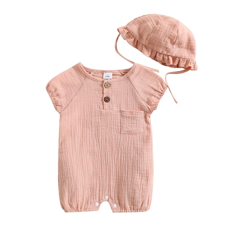 Baby Solid Color Clothes Set Short-sleeved Crew Neck Chest Pocket Jumpsuit Romper with Lace Hat for Summer