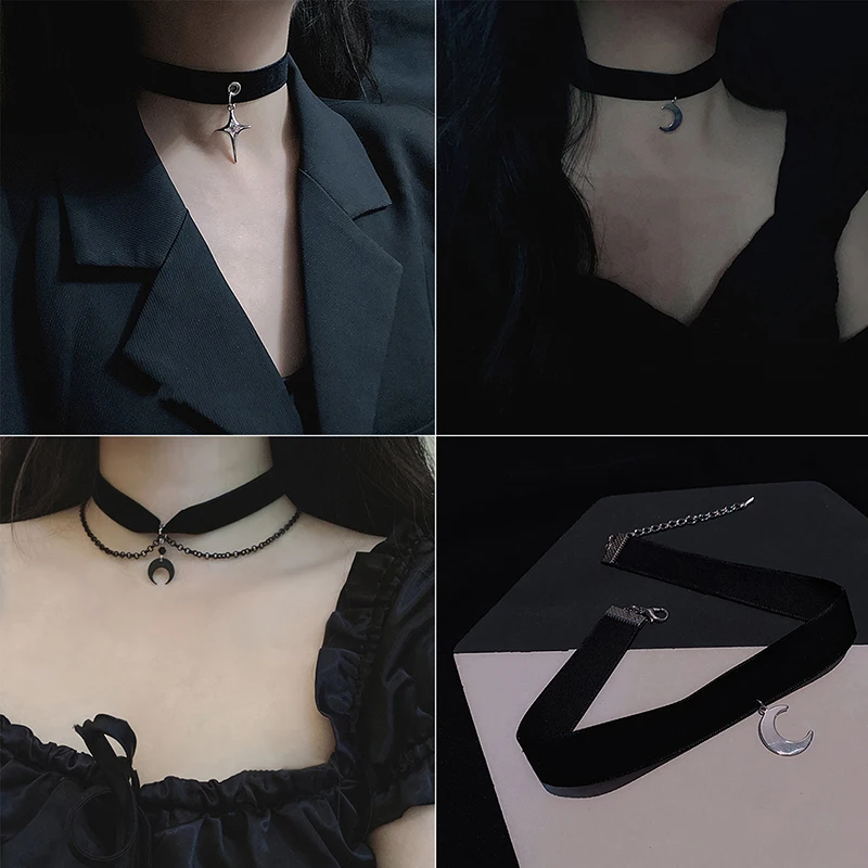 Korean Style Fashion Choker Necklace For Women Vintage Gothic Clavicle Chain With Moon Pendant Girl Neck Jewelry Accessories