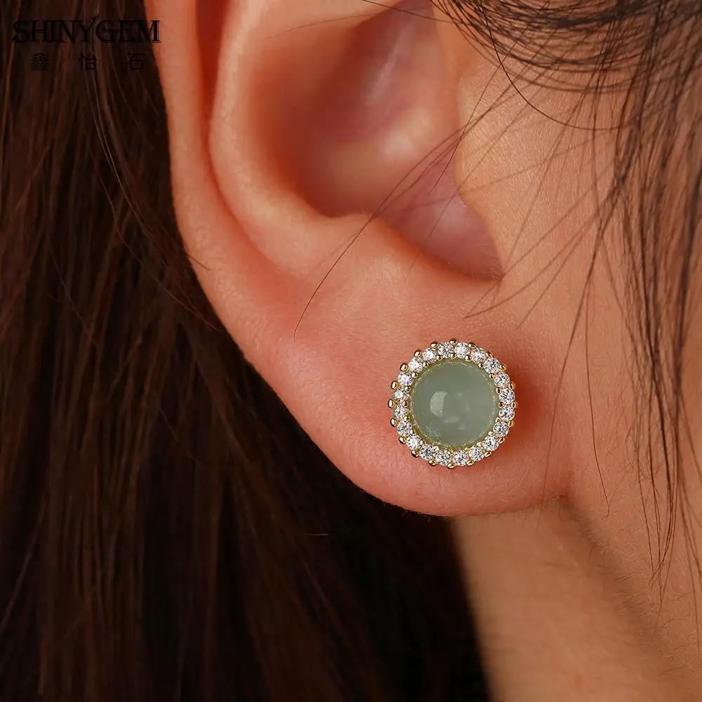 

Shinygem 8mm Natural Aquamarine Fine Silver Stud Women Round Gemstone with Zircon Female Crystal Party 18K Gold Plating Earrings