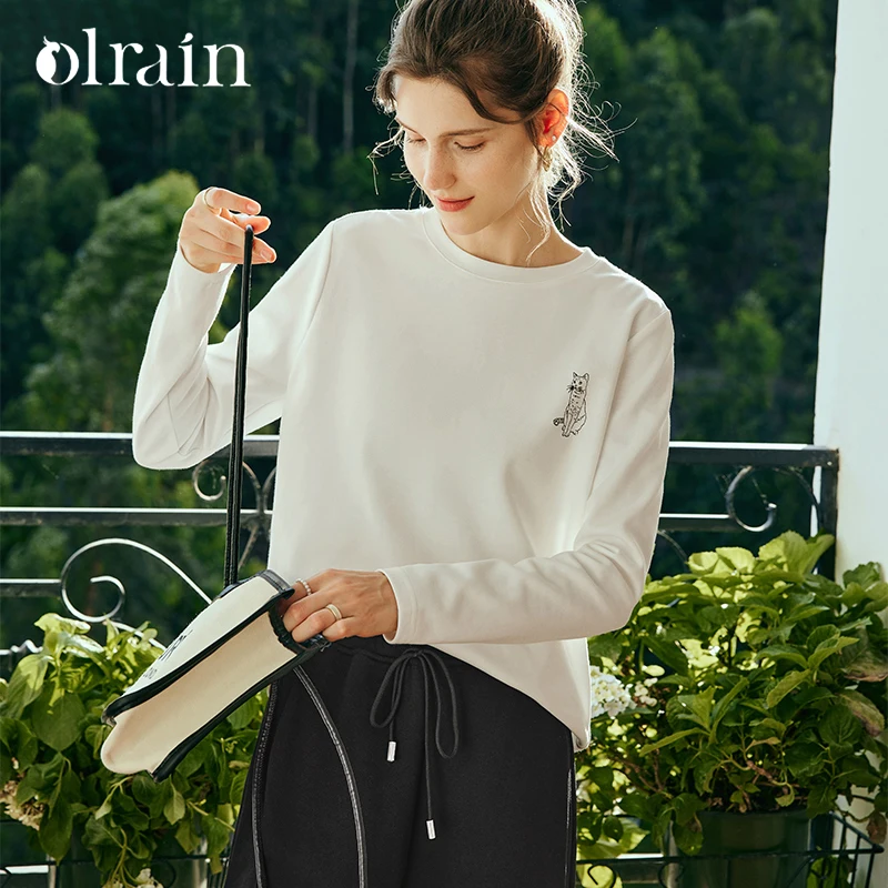 OLrain Women 2026 New Pure White Round Neck Long Sleeve T-shirt Loose Cat Embroidery Minimalist Inner Wear Tops O57QT82558