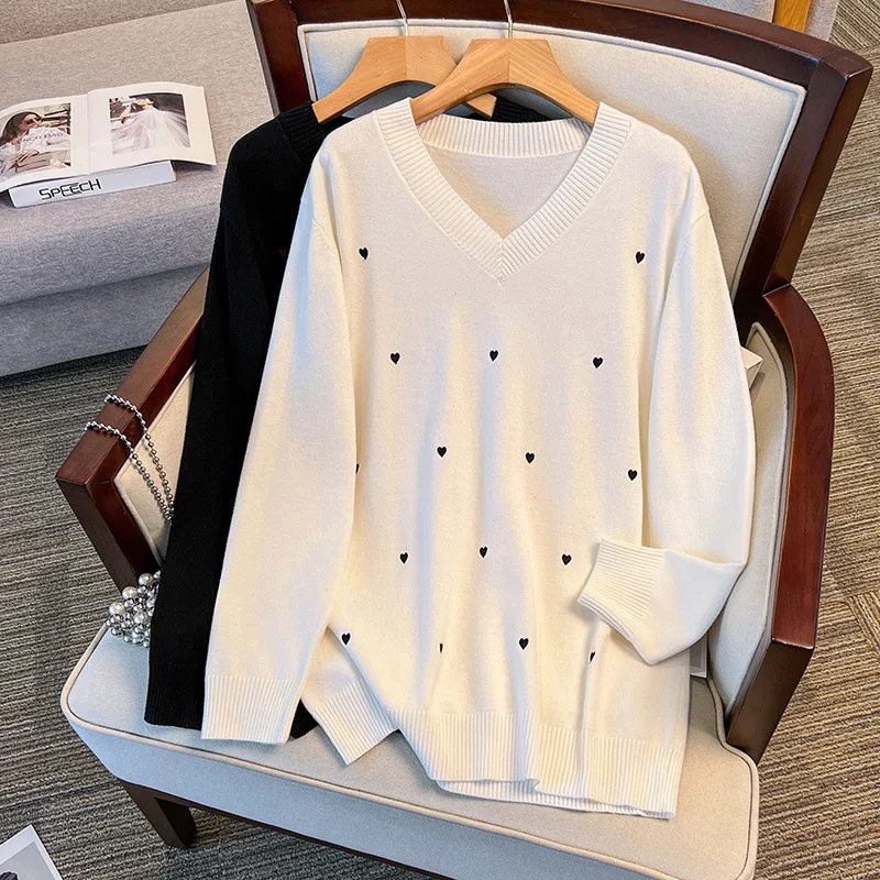 170Kg Plus Size Women's Bust 160 Spring Autumn Loose V-Neck Heart Knit Sweater Black White 4XL 5XL 6XL 7XL 8XL 9XL