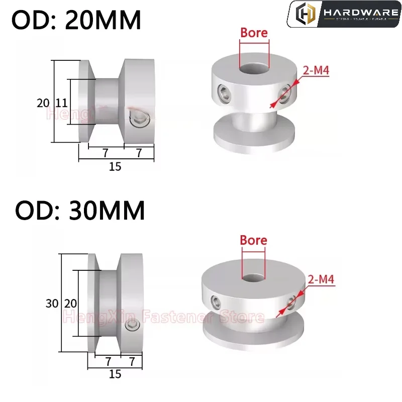 Bore 5-25mm Pulley 20/30/40/50/60/80/100mm Aluminum Alloy Single Groove Fixed Bore Pulley Wheel For Motor Shaft 6mm Belt