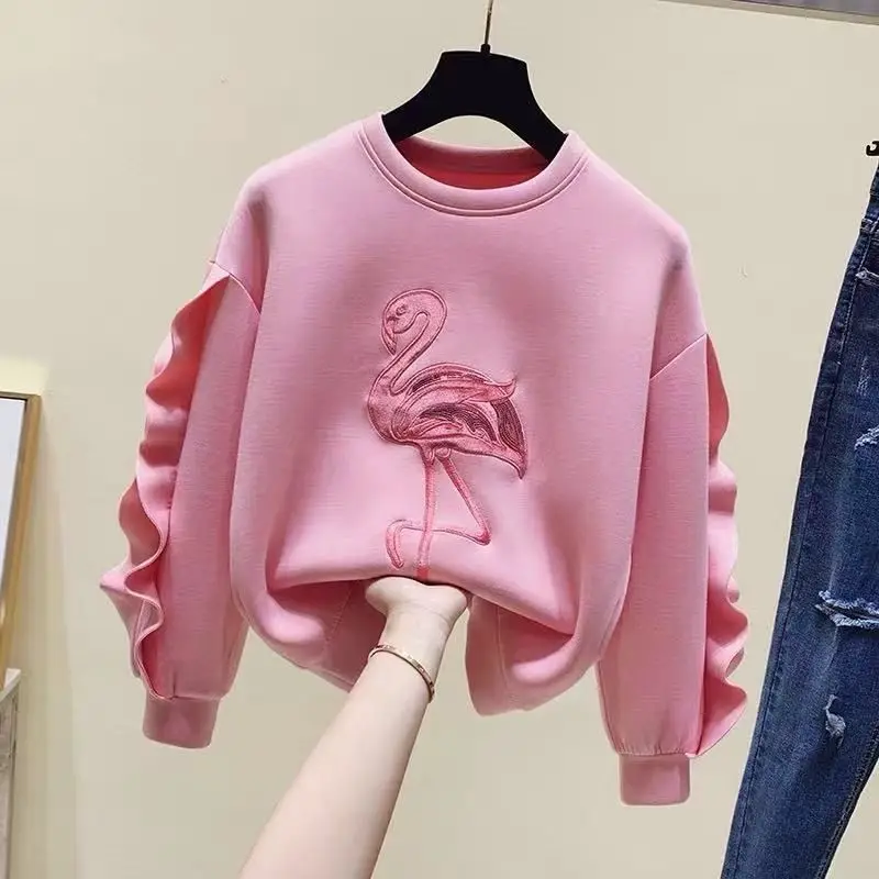 

2023 Spring and Autumn New Fashion Preppy Style Children's Clothing Trend Printing Ruffle Edge Long Sleeve Solid Color Sweater