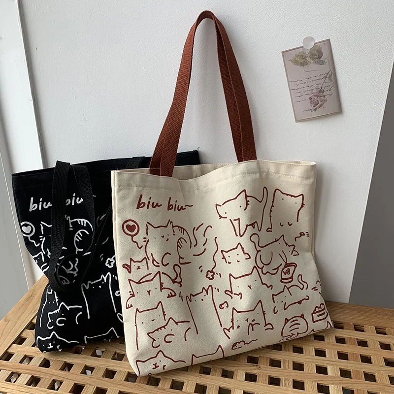 Canvas Bags Handbag for Women Shopper Cute Cat Tote Bag with Zipper Designer Bag