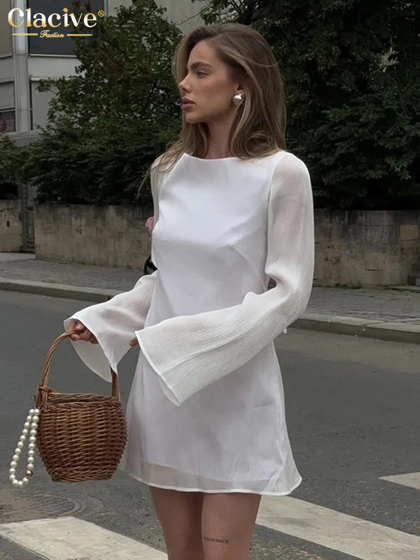 

Clacive Fashion Loose White Women's Dress 2025 Casual O-Neck Long Sleeve Mini Dresses Lady Elegant Classic Solid Female Dress