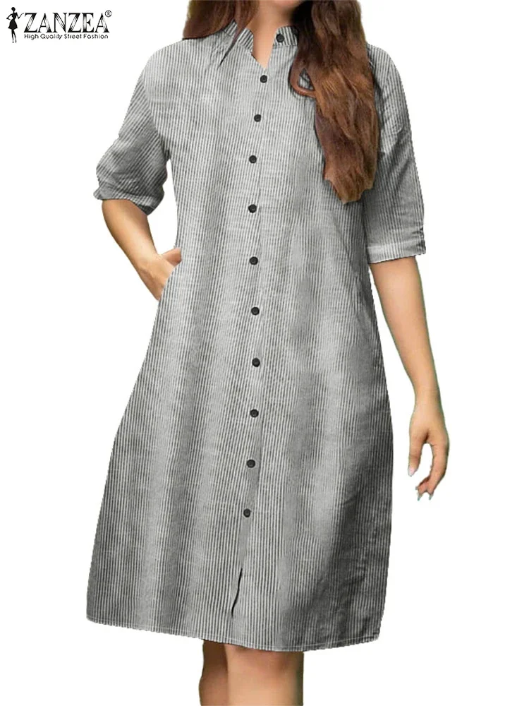 ZANZEA Abito camicia moda donna 2025 Abito autunnale Casual Mezza manica Bottoni Abito longuette Elegante lavoro agitato Vestito estivo Abiti