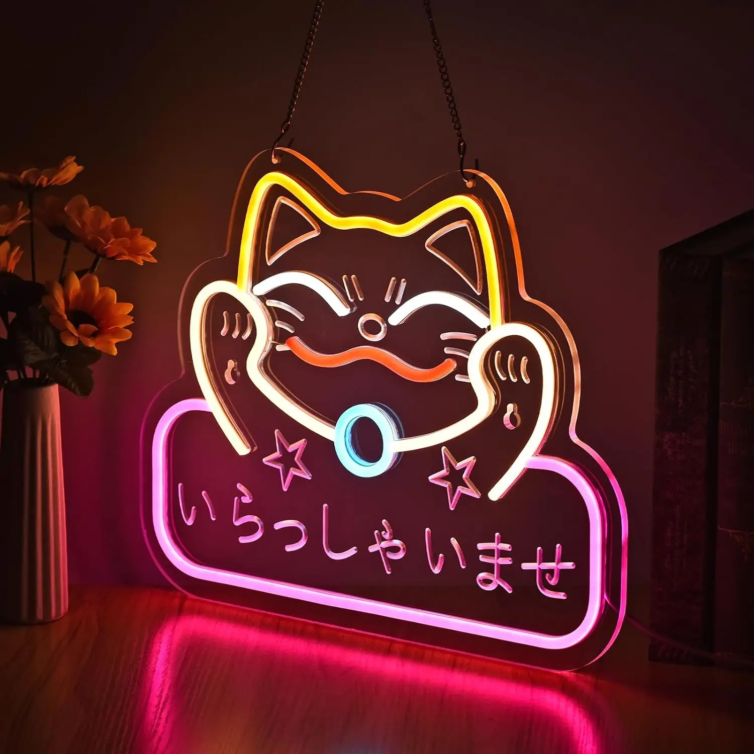 Japanese Welcome Neon Sign Fortune Cat Wall Decor Dimmable Led Neon Lights for Restaurant Shop Store Window Japanese Style