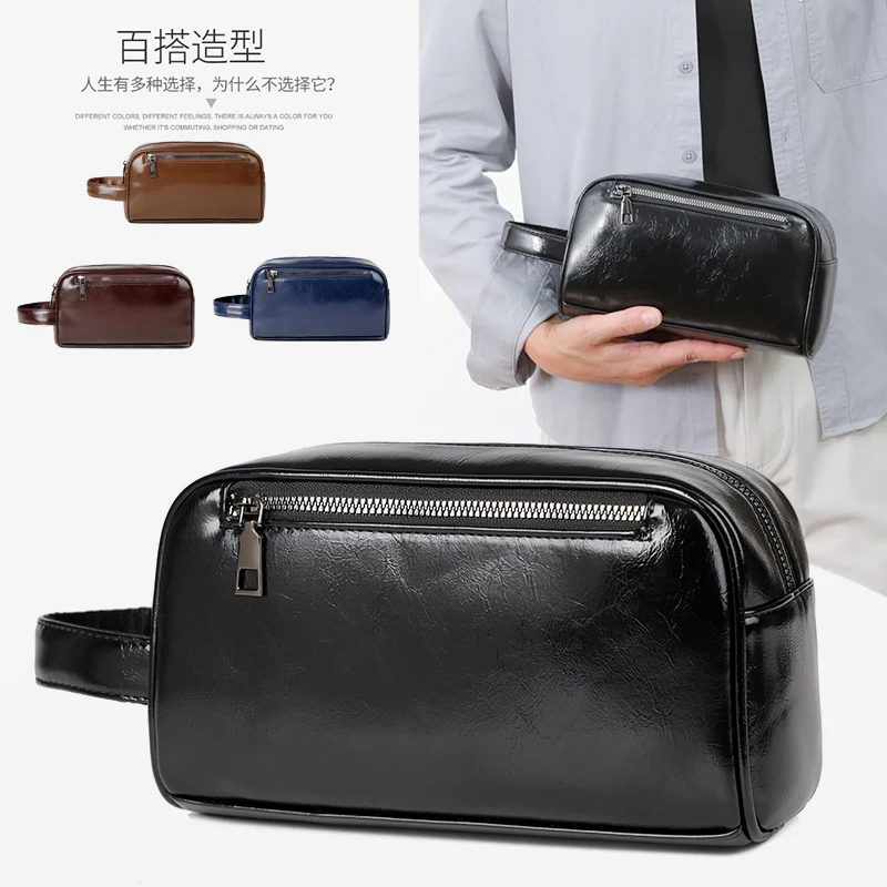 حقيبة يد جديدة للرجال حقيبة يد للرجال من الجلد الشمعي الزيتي محفظة طويلة بسحاب حقيبة هاتف حقيبة معصم pochette uomo classe zich