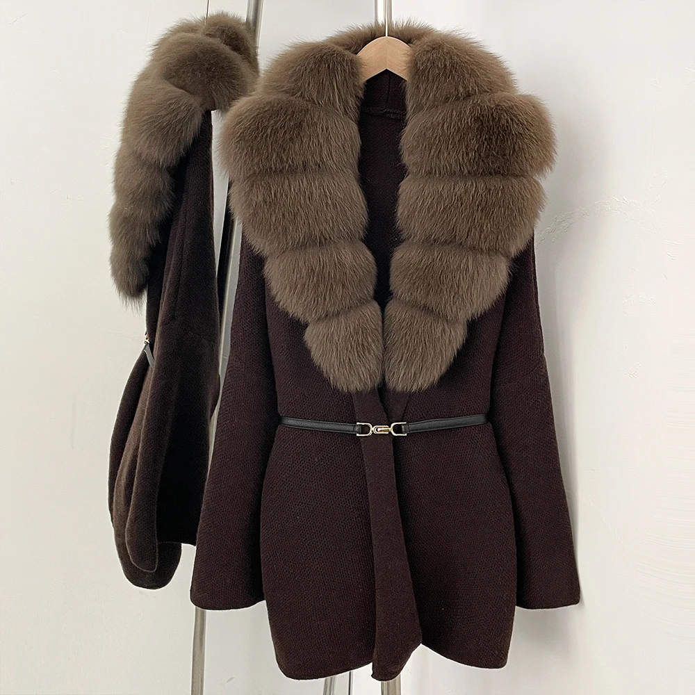 Real Fox Fur Jacket Women's Sweater Oversize Sweater Women's Knitted Jacket with Natural Fur Female Knit Coat Clothing Outerwear