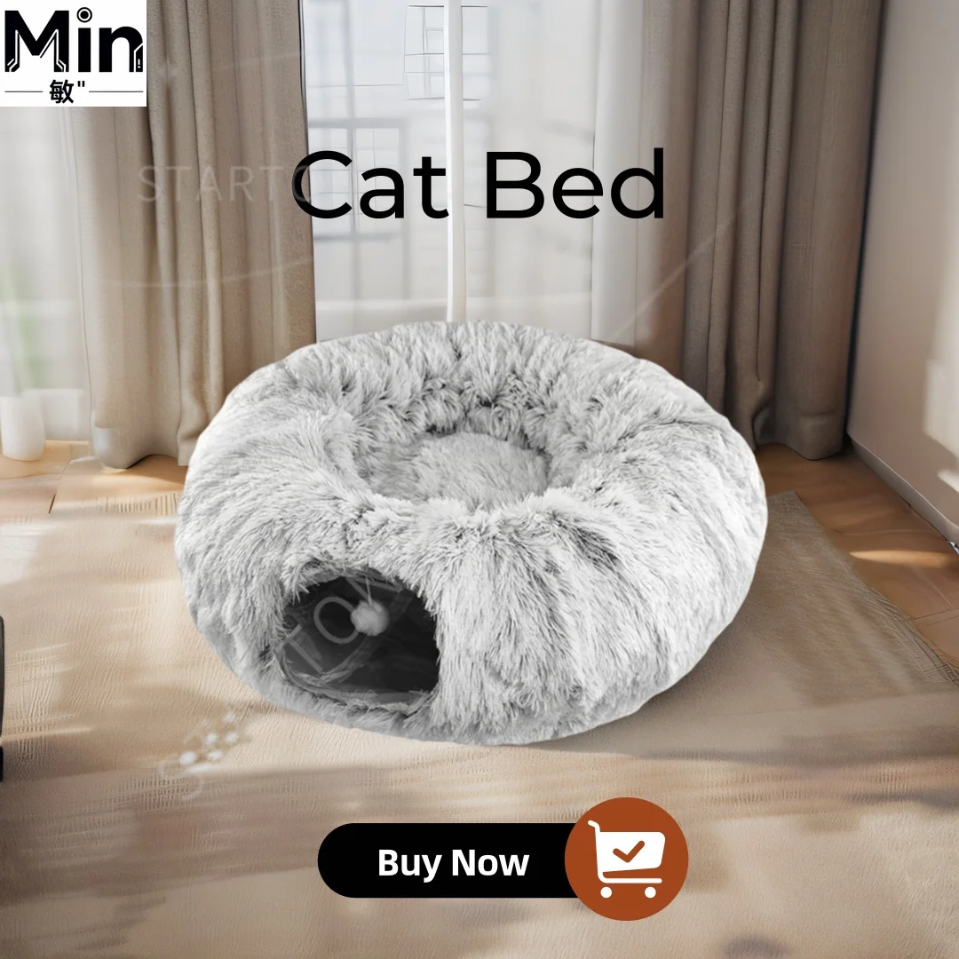 Set of 2 Warm Plush Cat Beds Foldable Cat House With Detachable Play Tunnel Washable Cute Plush Pet Nest Bed For Indoor