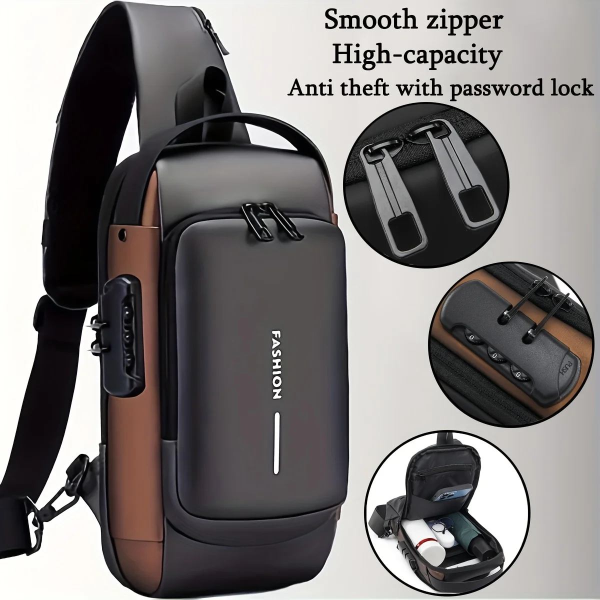 

Anti-Theft Crossbody Backpack for Men, Waterproof Travel Sling Bag with Password Lock, USB Charging Port, Large Capacity Design