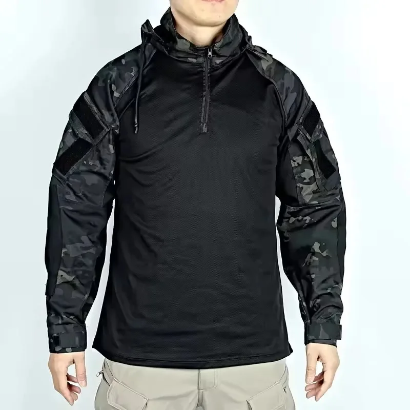 Hiking Tactical Shirt Men Outdoor Breathable Detachable Hooded Camping Top Quick Drying Treking Fishing Military Combat Pullover