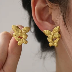 Fashion Women Gold Plated Texture Butterfly Stainless Steel Stud Earrings two butterflies gold plated Earrings Lady's Jewelry