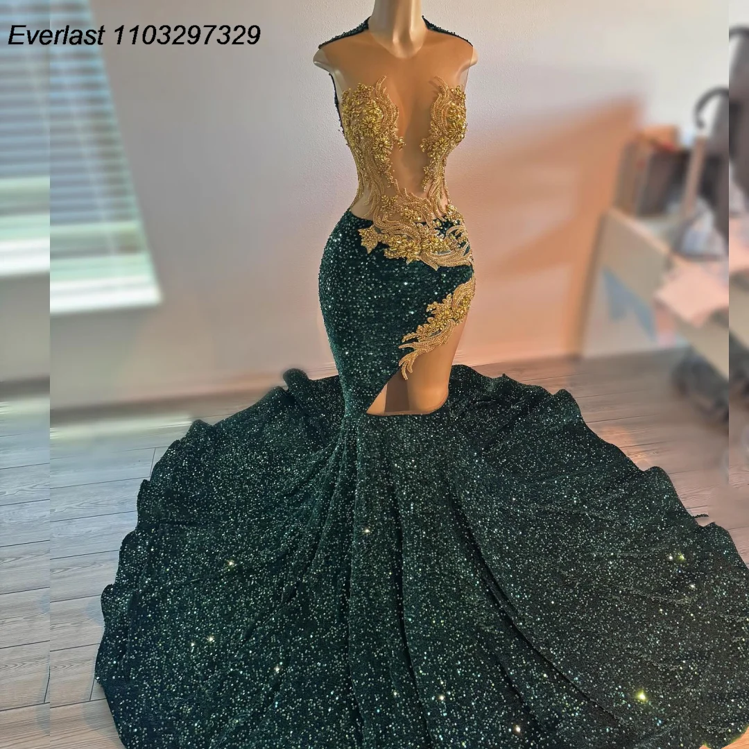 EVLAST Customized Emerald Green Sequins Rhinestones Prom Dress For Black Girl Gold Diamond Beaded Party Gala Gown Robe TPD101