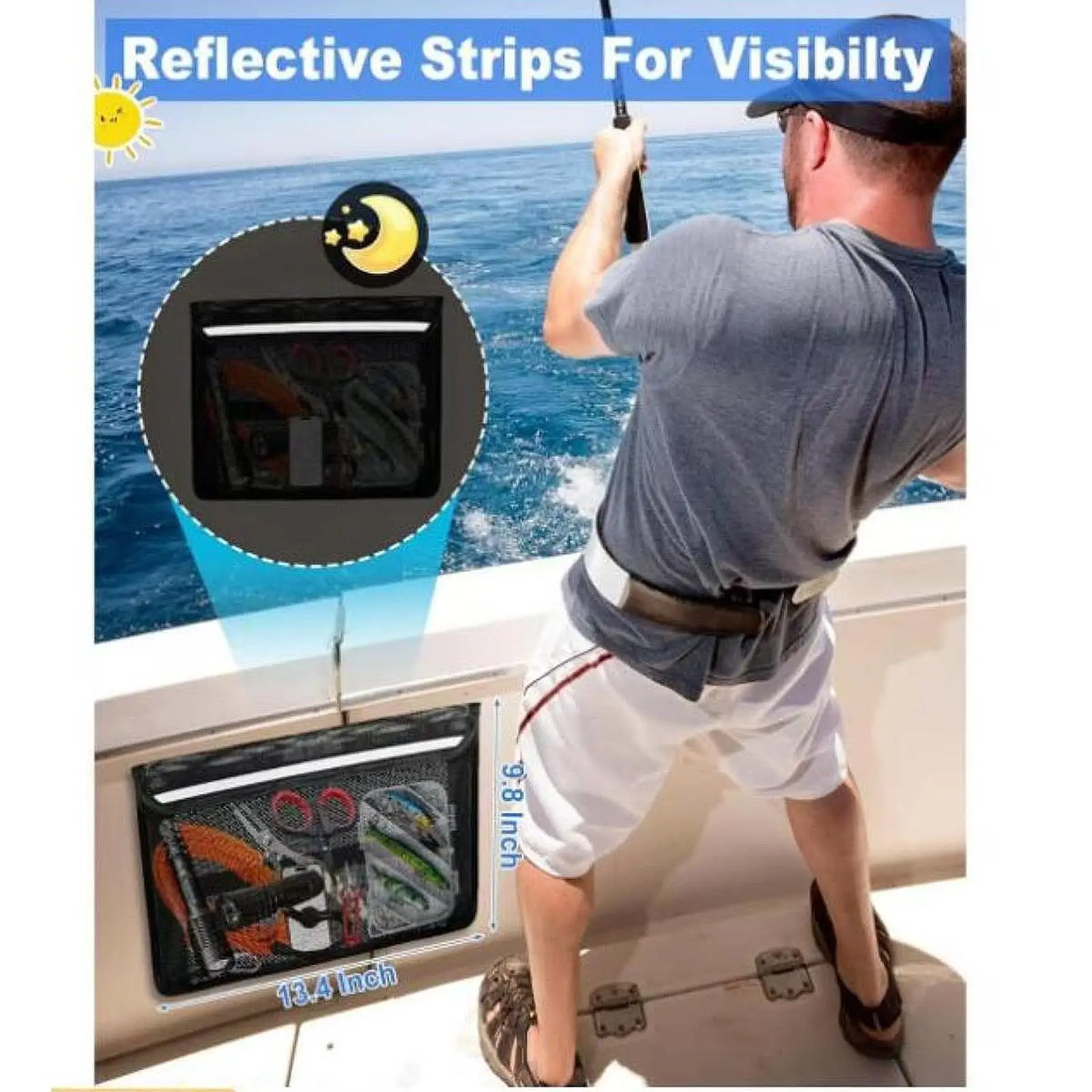 Self Adhesive Boat Storage Bag Tools Mesh Organizer with Reflective Strap for Fishing Boats Accessories and Marine Supplies