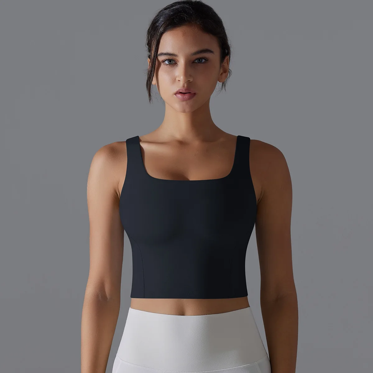 

Womens Square Neck Longline Sports Bra Gym Fitness Workout Crop Tank Tops Open Back Padded with Built in Shelf Yoga Bra Female