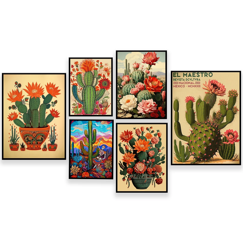 Vintage mexikanisches Kaktus-Poster, farbenfrohes traditionelles mexikanisches Kunstwerk, florales Retro-Poster, lateinamerikanische Dekoration, kulturelles Geschenk