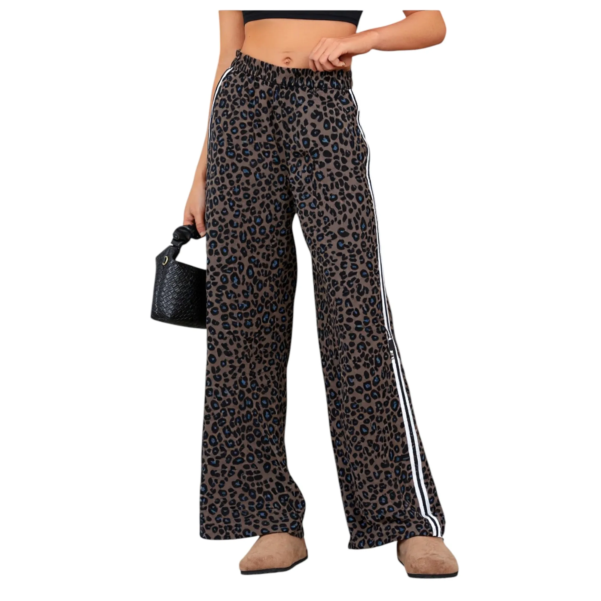 Pantalones con estampado de leopardo para mujer, pantalones guepardo de cintura alta para mujer, pantalones elásticos de pierna ancha, pantalones casuales de moda de otoño