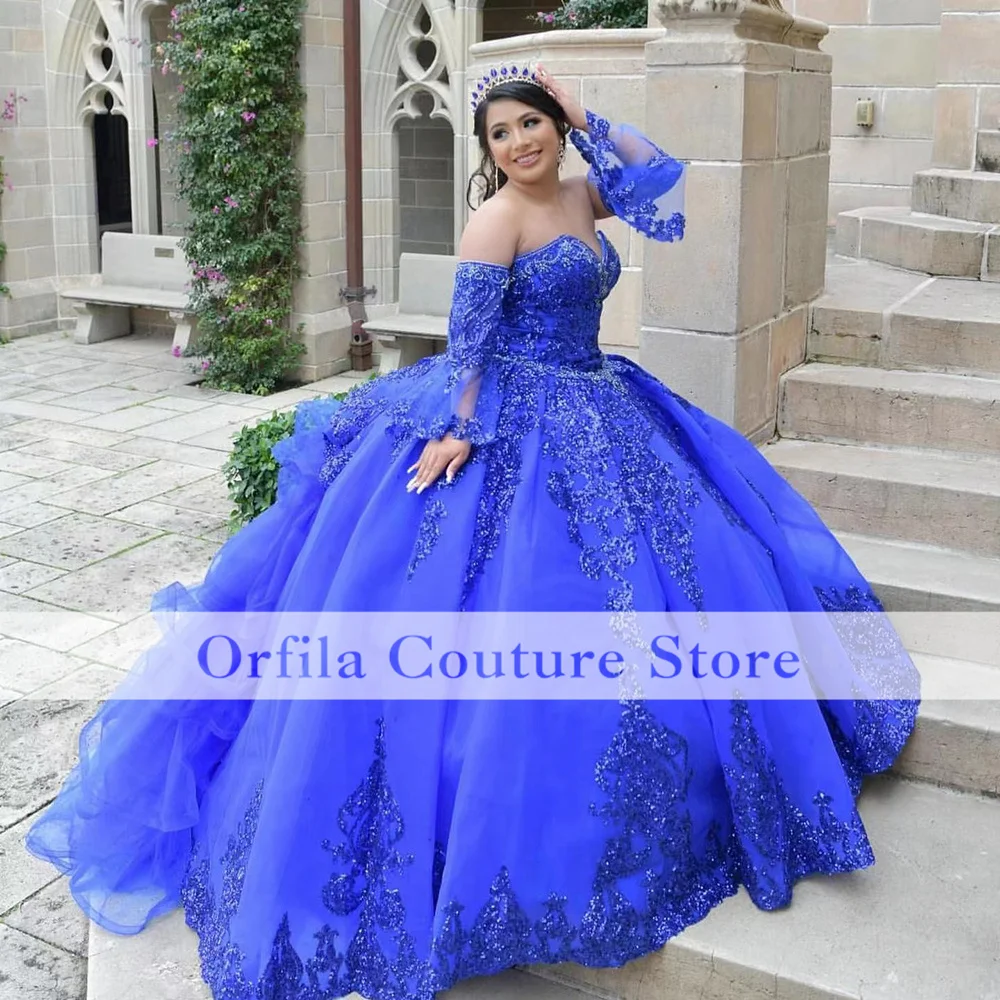 Vestido azul real mexicana, Quinceañera de 15 años, con mangas extraíbles, apliques de lentejuelas, dulce 16, Vestido largo de Graduación