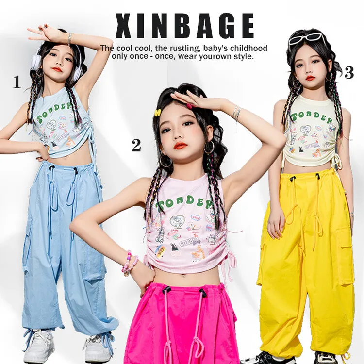 Hipster Push Tank Top Drawstring Jazz High Waisted Crop Kids Dopamine Costume Set Jazz Dance Catwalk Outfit